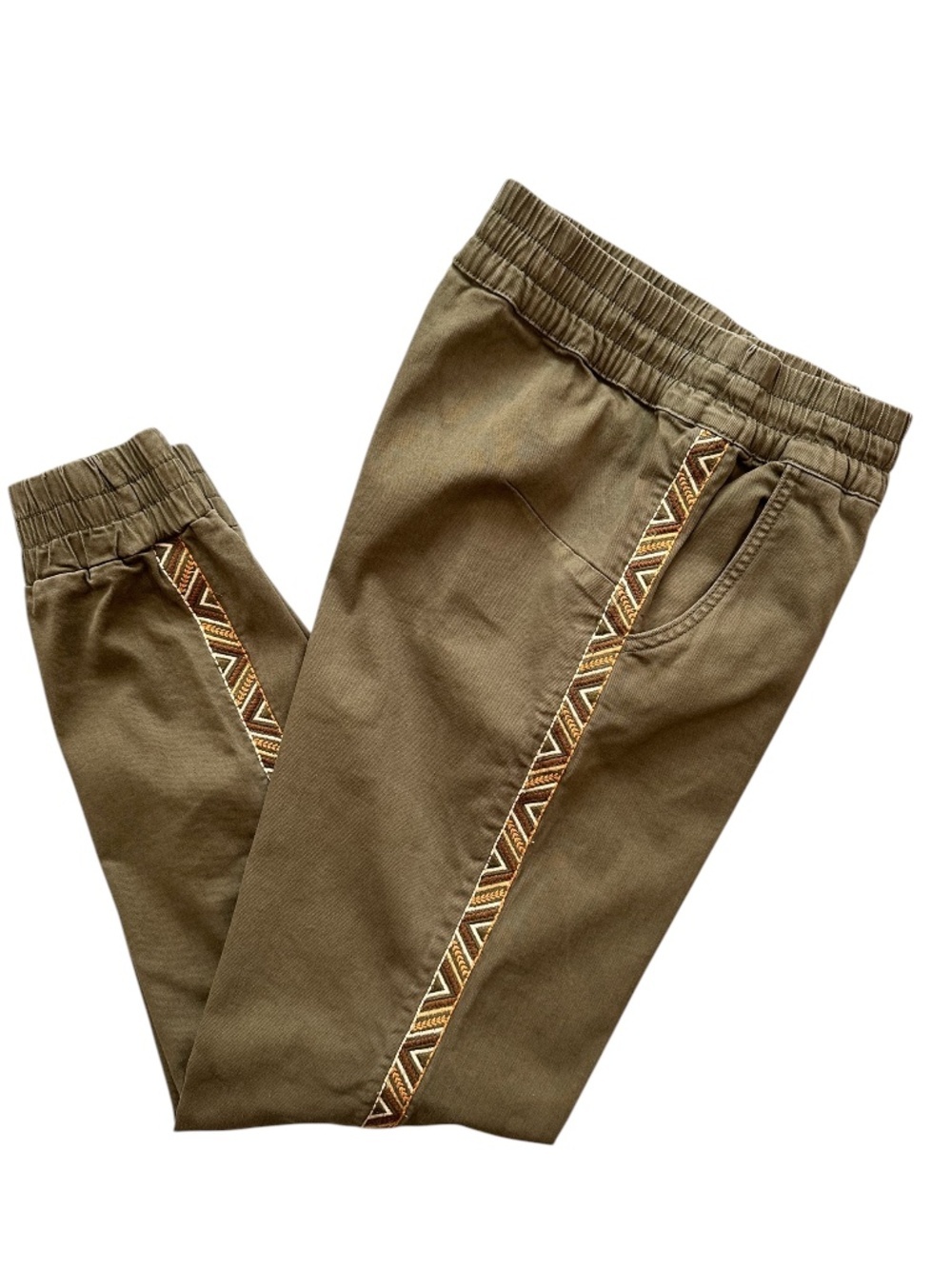 Driftwood Sedona Jogger Pants Womens Size M Olive Green Aztec Embroidery Western